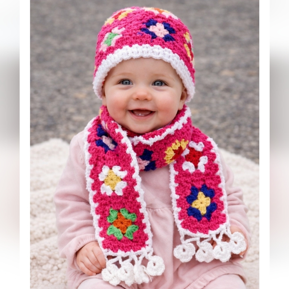 Handmade Granny Square Hat and Scarf Set for 1 To 3 Years Old